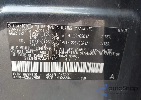 2018 Toyota Rav4 Le из США, поврежденный, VIN 2T3ZFREV7JW445489